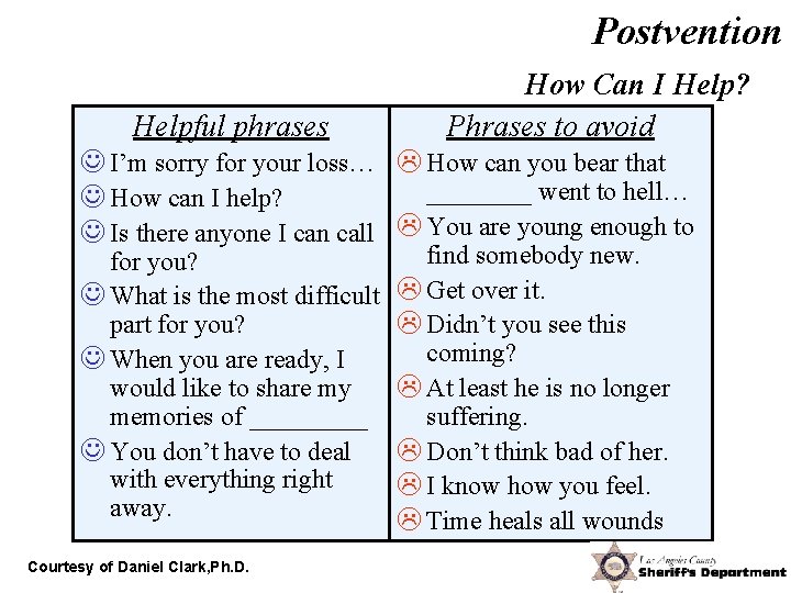 Postvention Helpful phrases How Can I Help? Phrases to avoid J I’m sorry for