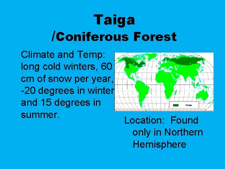 Taiga /Coniferous Forest Climate and Temp: long cold winters, 60 cm of snow per