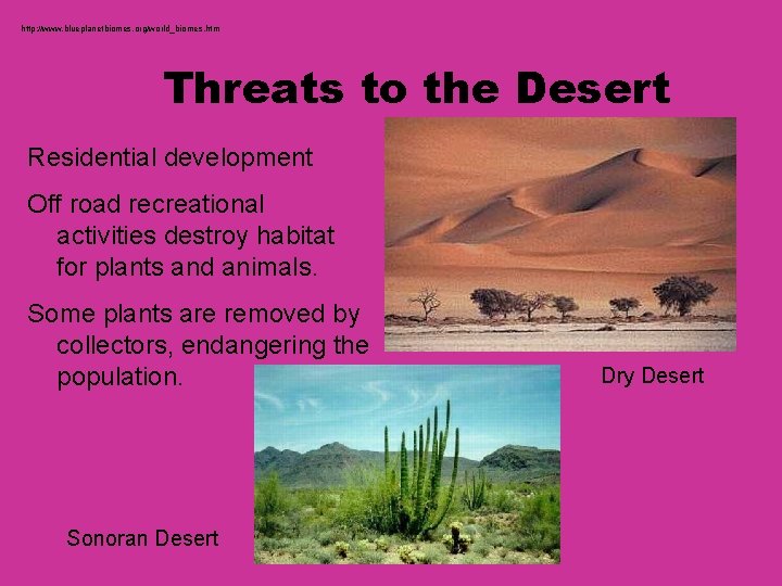 http: //www. blueplanetbiomes. org/world_biomes. htm Threats to the Desert Residential development Off road recreational