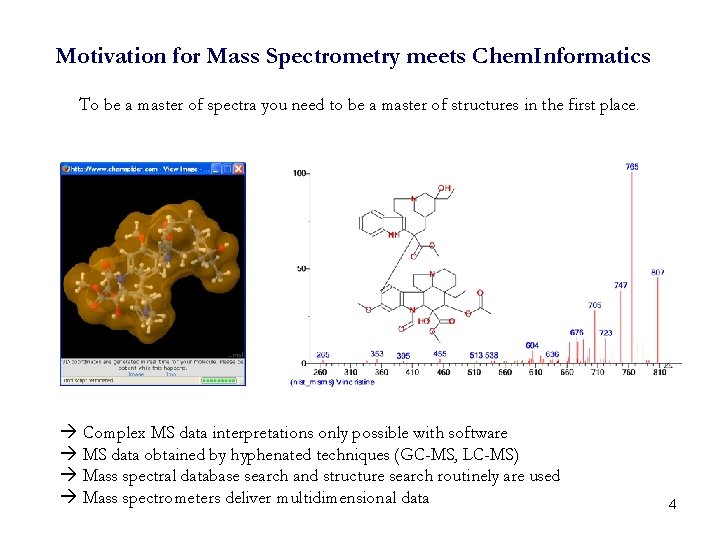 Motivation for Mass Spectrometry meets Chem. Informatics To be a master of spectra you