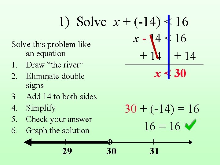 1) Solve x + (-14) < 16 Solve this problem like an equation 1.