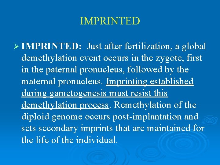 IMPRINTED Ø IMPRINTED: Just after fertilization, a global demethylation event occurs in the zygote,