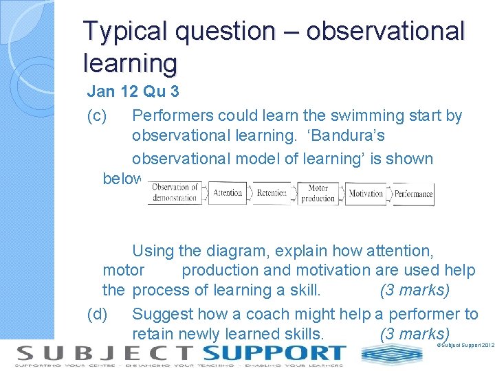 Typical question – observational learning Jan 12 Qu 3 (c) Performers could learn the