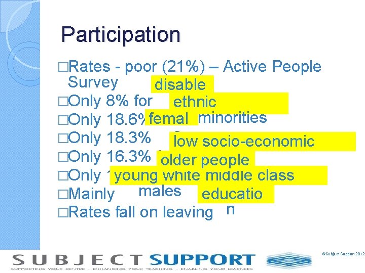 Participation �Rates - poor (21%) – Active People Survey disable d �Only 8% for