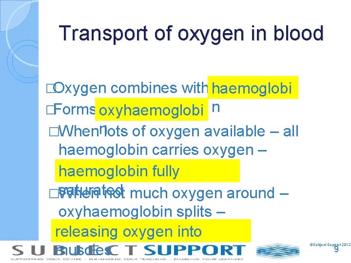 Transport of oxygen in blood � Oxygen combines with haemoglobi � Forms oxyhaemoglobi n