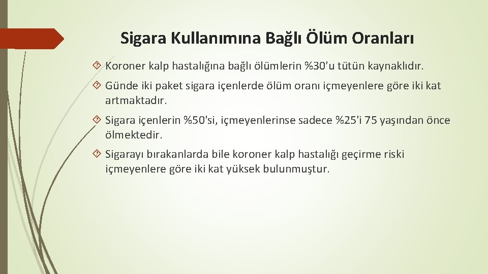 Sigara Kullanımına Bağlı Ölüm Oranları Koroner kalp hastalığına bağlı ölümlerin %30'u tütün kaynaklıdır. Günde