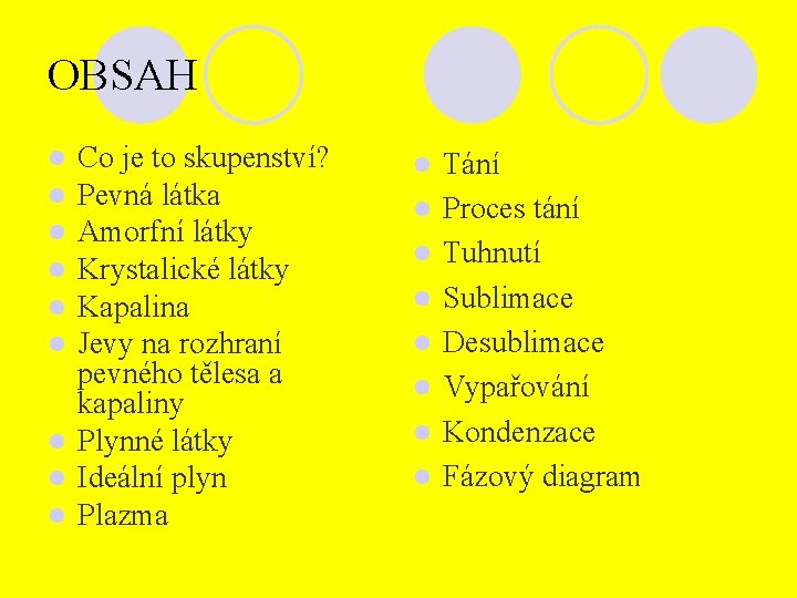 OBSAH Co je to skupenství? Pevná látka Amorfní látky Krystalické látky Kapalina Jevy na