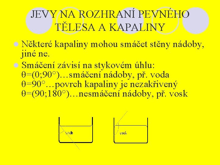 JEVY NA ROZHRANÍ PEVNÉHO TĚLESA A KAPALINY l Některé kapaliny mohou smáčet stěny nádoby,