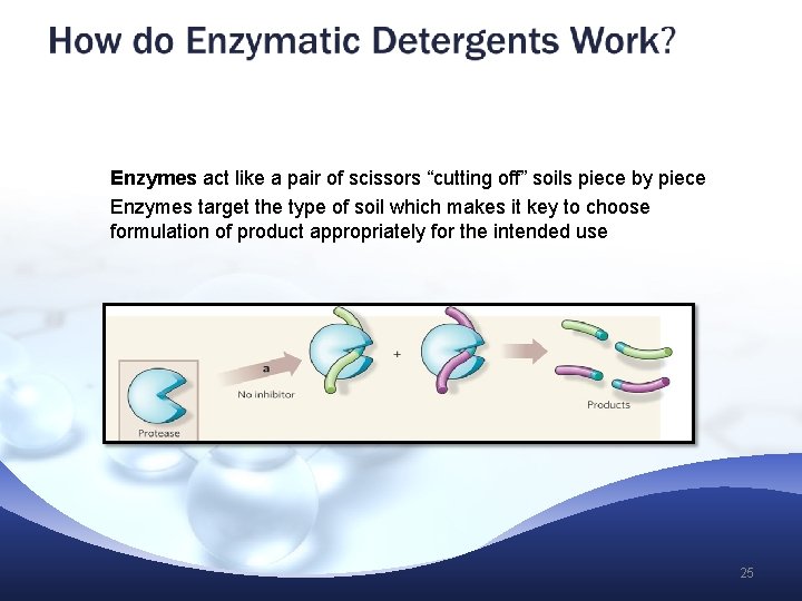 Enzymes act like a pair of scissors “cutting off” soils piece by piece Enzymes act like a pair of scissors “cutting off” soils piece by piece
