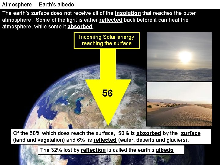 Atmosphere Earth’s albedo The earth’s surface does not receive all of the insolation that