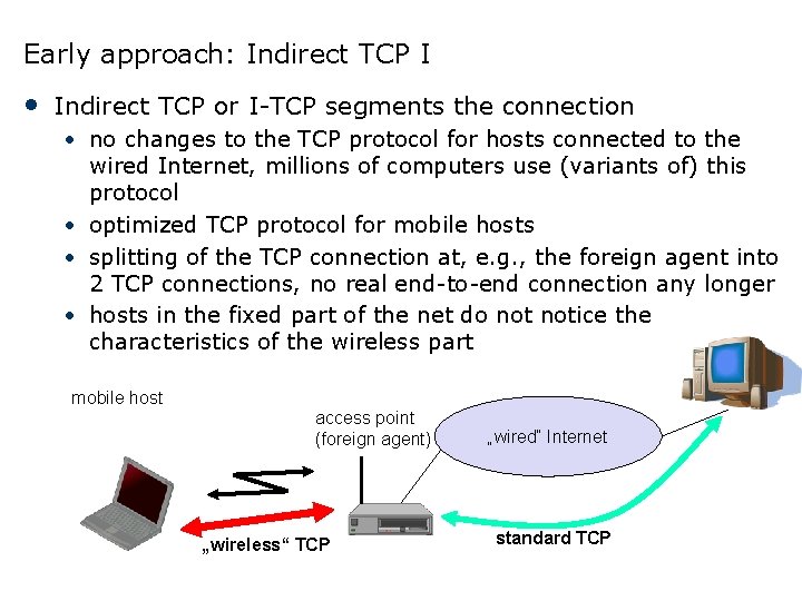 Early approach: Indirect TCP I • Indirect TCP or I-TCP segments the connection • Early approach: Indirect TCP I • Indirect TCP or I-TCP segments the connection •