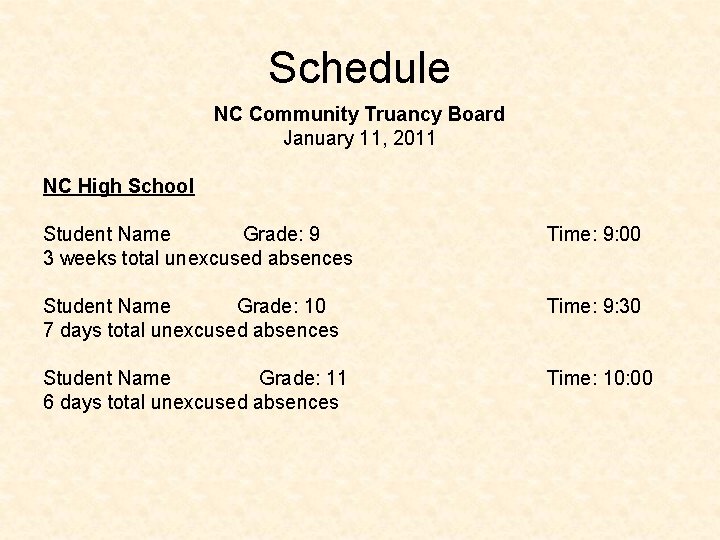 Schedule NC Community Truancy Board January 11, 2011 NC High School Student Name Grade: