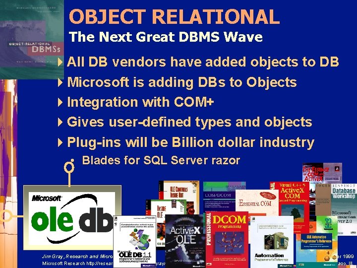OBJECT RELATIONAL The Next Great DBMS Wave 4 All DB vendors have added objects