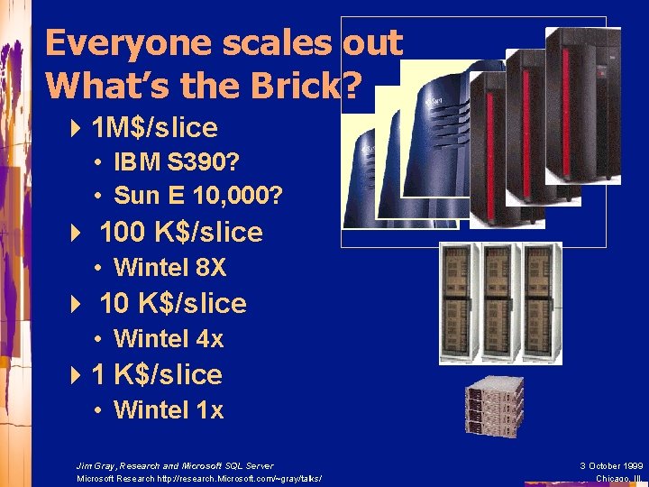 Everyone scales out What’s the Brick? 41 M$/slice • IBM S 390? • Sun