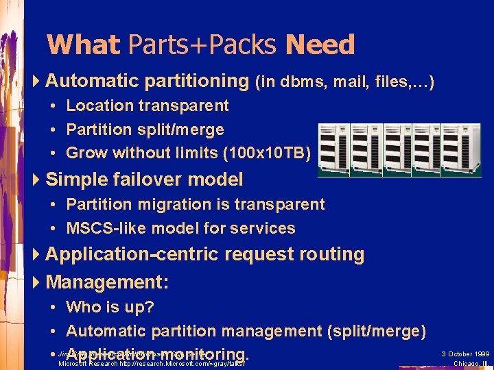 What Parts+Packs Need 4 Automatic partitioning (in dbms, mail, files, …) • Location transparent