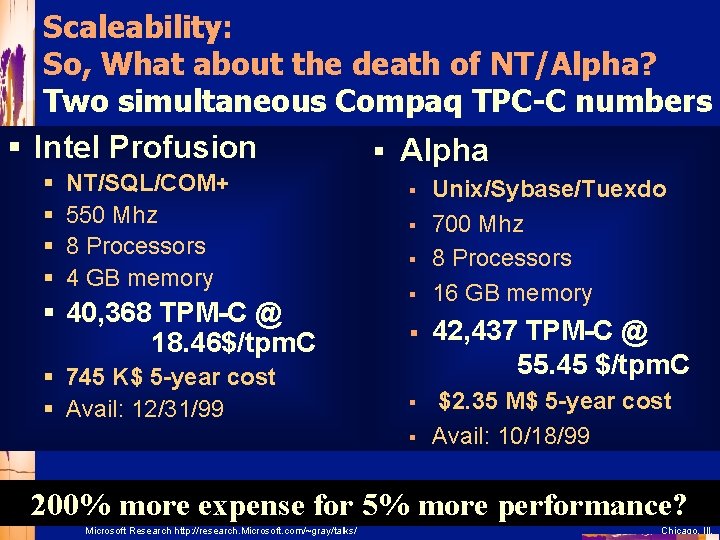 Scaleability: So, What about the death of NT/Alpha? Two simultaneous Compaq TPC-C numbers §