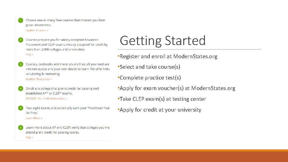 Getting Started • Register and enroll at Modern. States. org • Select and take