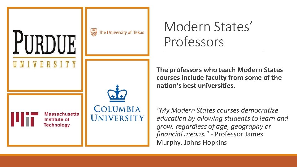 Modern States’ Professors The professors who teach Modern States courses include faculty from some