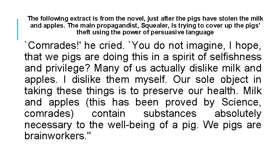 The following extract is from the novel, just after the pigs have stolen the