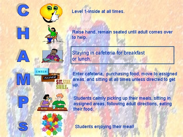 Level 1 -inside at all times. Raise hand, remain seated until adult comes over