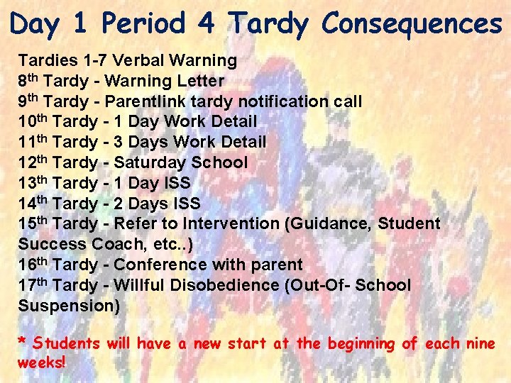 Day 1 Period 4 Tardy Consequences Tardies 1 -7 Verbal Warning 8 th Tardy