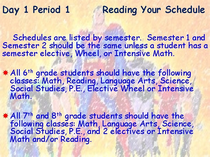 Day 1 Period 1 Reading Your Schedules are listed by semester. Semester 1 and