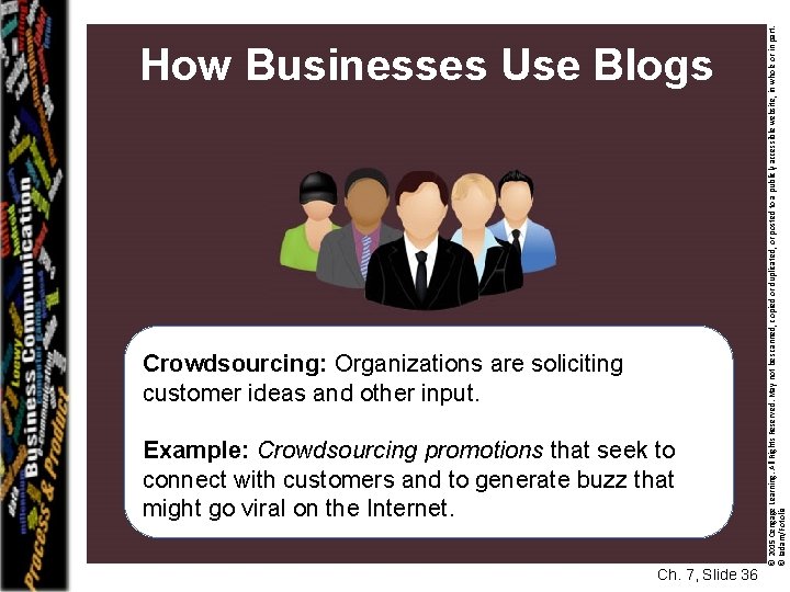 Crowdsourcing: Organizations are soliciting customer ideas and other input. Example: Crowdsourcing promotions that seek