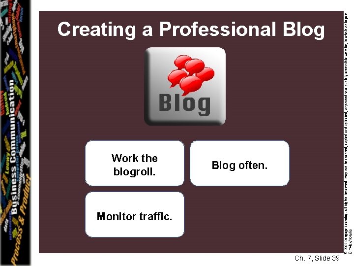 Work the blogroll. Blog often. Monitor traffic. Ch. 7, Slide 39 © 2015 Cengage