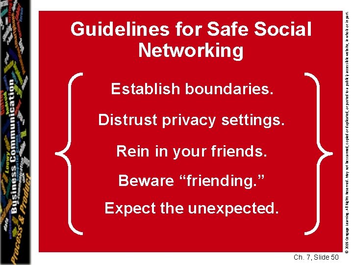 Establish boundaries. Distrust privacy settings. Rein in your friends. Beware “friending. ” Expect the