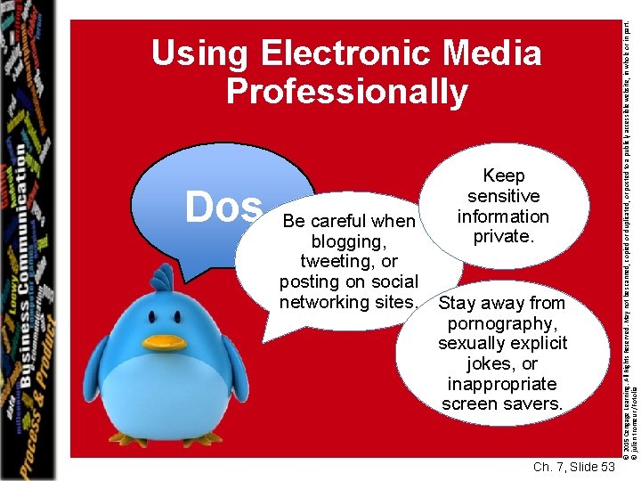 Dos Be careful when blogging, tweeting, or posting on social networking sites. Keep sensitive