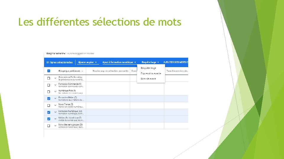 Les différentes sélections de mots 