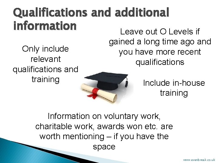 Qualifications and additional information Leave out O Levels if Only include relevant qualifications and