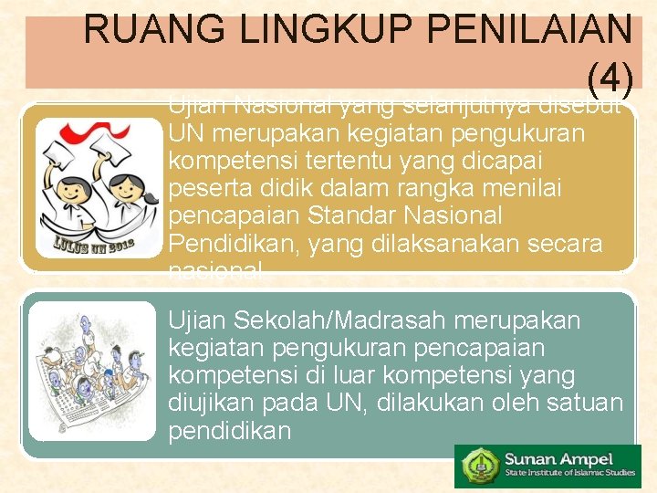 RUANG LINGKUP PENILAIAN (4) Ujian Nasional yang selanjutnya disebut UN merupakan kegiatan pengukuran kompetensi