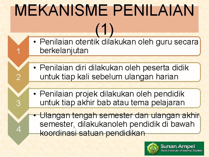 MEKANISME PENILAIAN (1) 1 • Penilaian otentik dilakukan oleh guru secara berkelanjutan 2 •