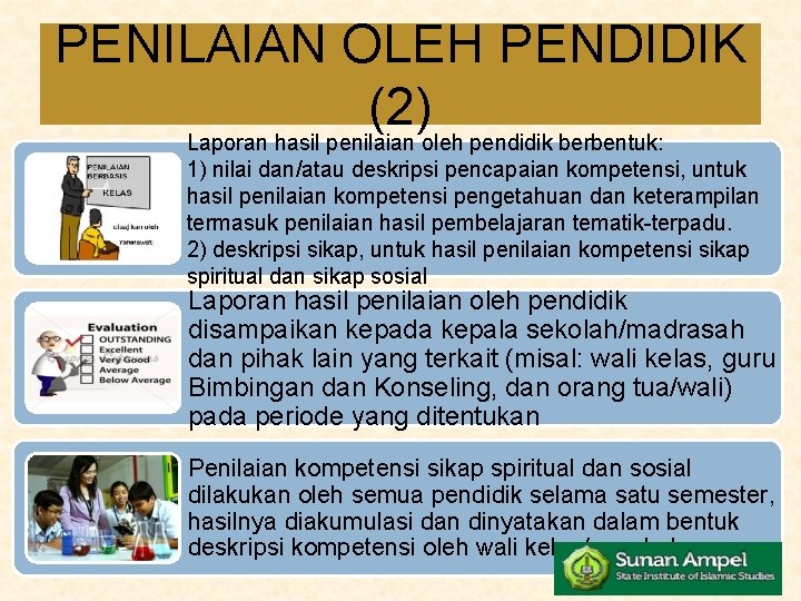 PENILAIAN OLEH PENDIDIK (2) Laporan hasil penilaian oleh pendidik berbentuk: 1) nilai dan/atau deskripsi