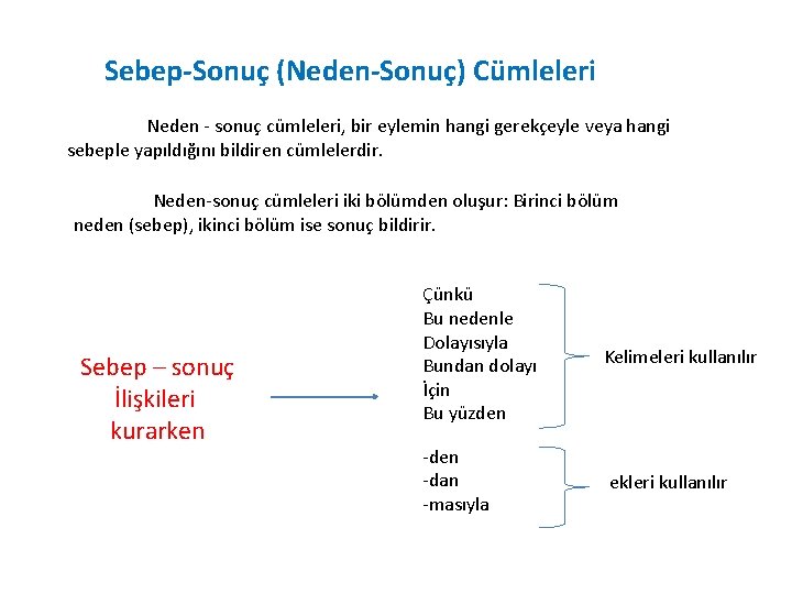 Sebep-Sonuç (Neden-Sonuç) Cümleleri Neden - sonuç cümleleri, bir eylemin hangi gerekçeyle veya hangi sebeple