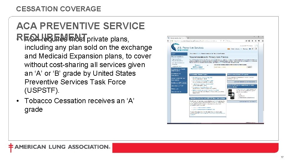 CESSATION COVERAGE ACA PREVENTIVE SERVICE REQUIREMENT • ACA requires most private plans, including any
