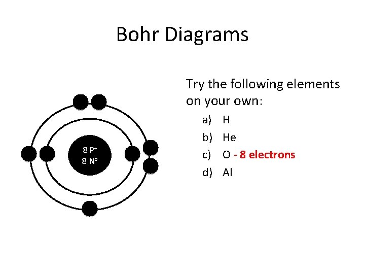 Bohr Diagrams Try the following elements on your own: 8 P+ 8 No a)