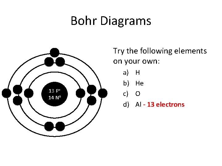 Bohr Diagrams Try the following elements on your own: 13 P+ 14 No a)