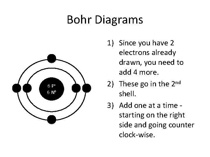 Bohr Diagrams 6 P+ 6 No 1) Since you have 2 electrons already drawn, Bohr Diagrams 6 P+ 6 No 1) Since you have 2 electrons already drawn,