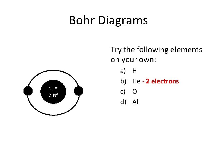 Bohr Diagrams Try the following elements on your own: 2 P+ 2 No a) Bohr Diagrams Try the following elements on your own: 2 P+ 2 No a)