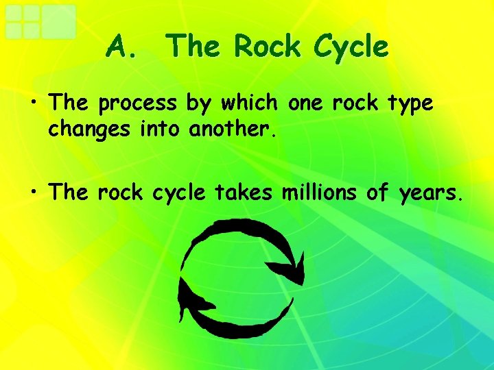 A. The Rock Cycle • The process by which one rock type changes into