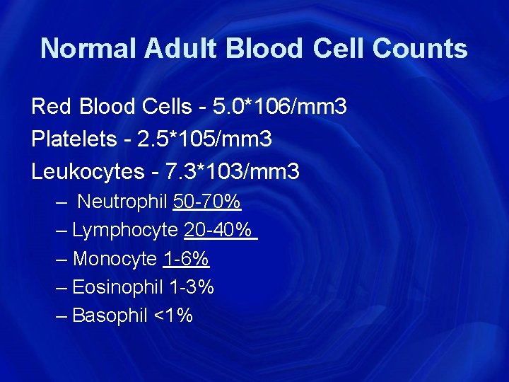 Normal Adult Blood Cell Counts Red Blood Cells - 5. 0*106/mm 3 Platelets -