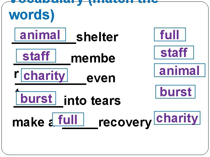 Vocabulary (match the words) animal _____shelter staff ____membe r_____even charity full staff animal burst