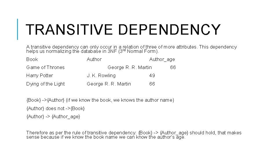 TRANSITIVE DEPENDENCY A transitive dependency can only occur in a relation of three of