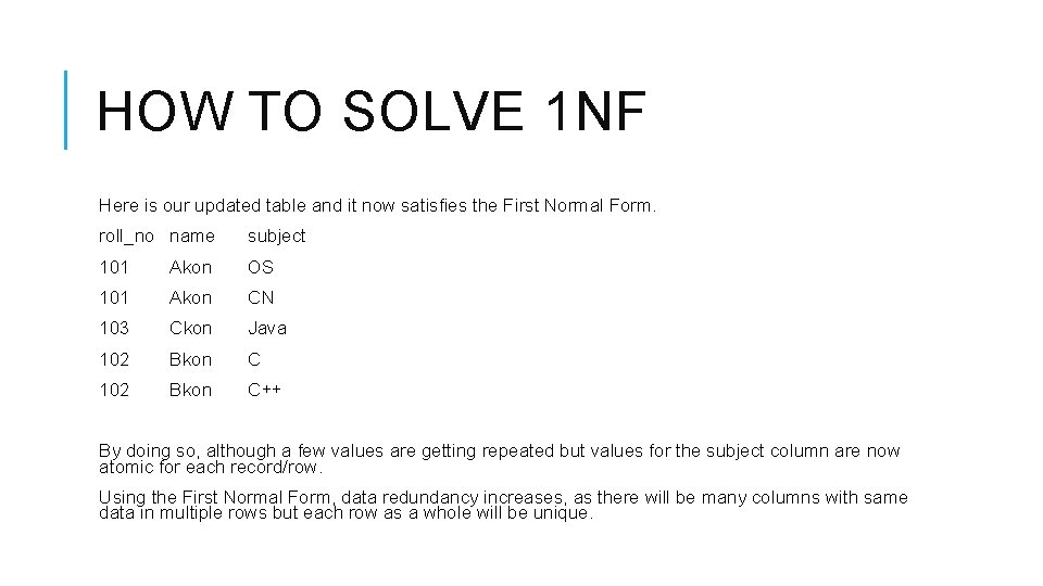 HOW TO SOLVE 1 NF Here is our updated table and it now satisfies HOW TO SOLVE 1 NF Here is our updated table and it now satisfies