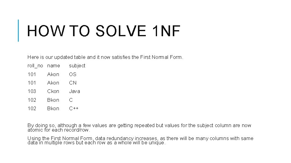 HOW TO SOLVE 1 NF Here is our updated table and it now satisfies