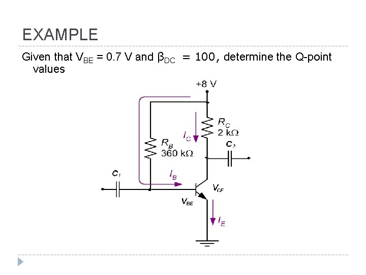 EXAMPLE Given that VBE = 0. 7 V and βDC = 100, determine the