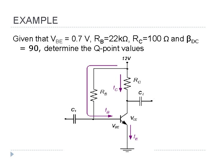 EXAMPLE Given that VBE = 0. 7 V, RB=22 kΩ, RC=100 Ω and βDC