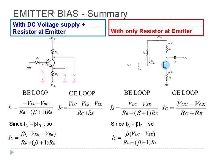 EMITTER BIAS - Summary With DC Voltage supply + Resistor at Emitter Since IC